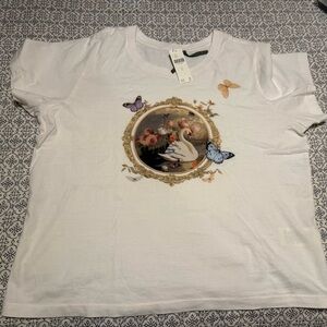 Anthropologie White Short-Sleeve Tee with Swan and Butterfly Print